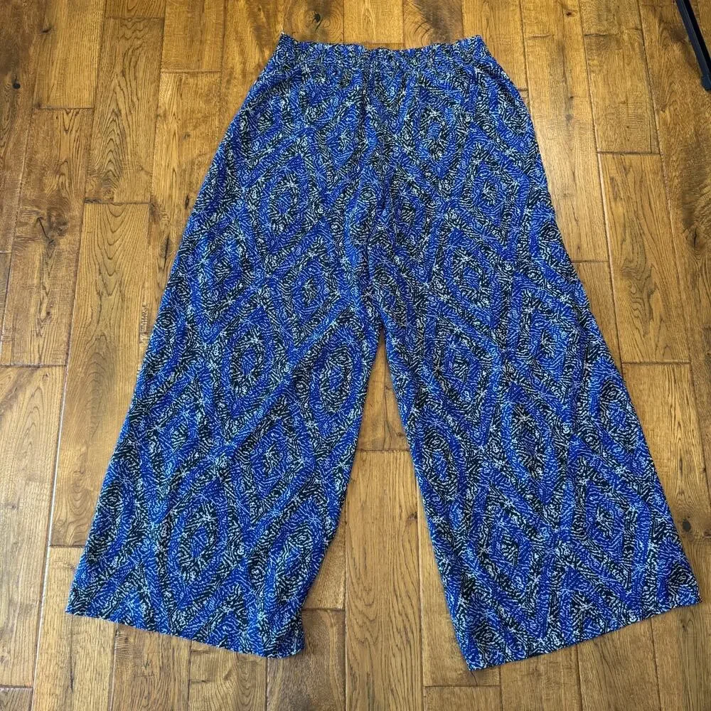 Cato Palazzo Pants Lined Blue Black White Boho Tribal Wide Leg Womens Sz L - Picture 6 of 7